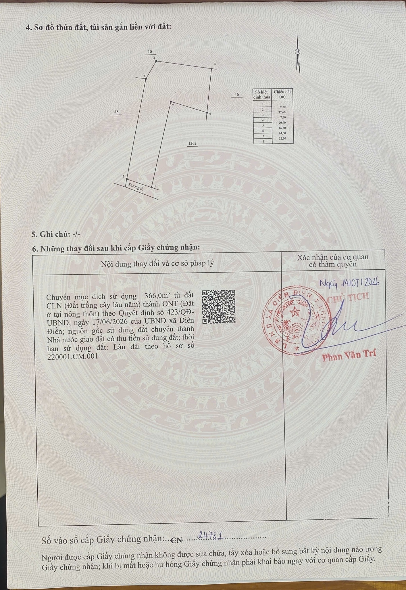 Giấy chứng nhận QSDĐ B001 - trang 2, sơ đồ thửa đất và cập nhật chuyển mục đích