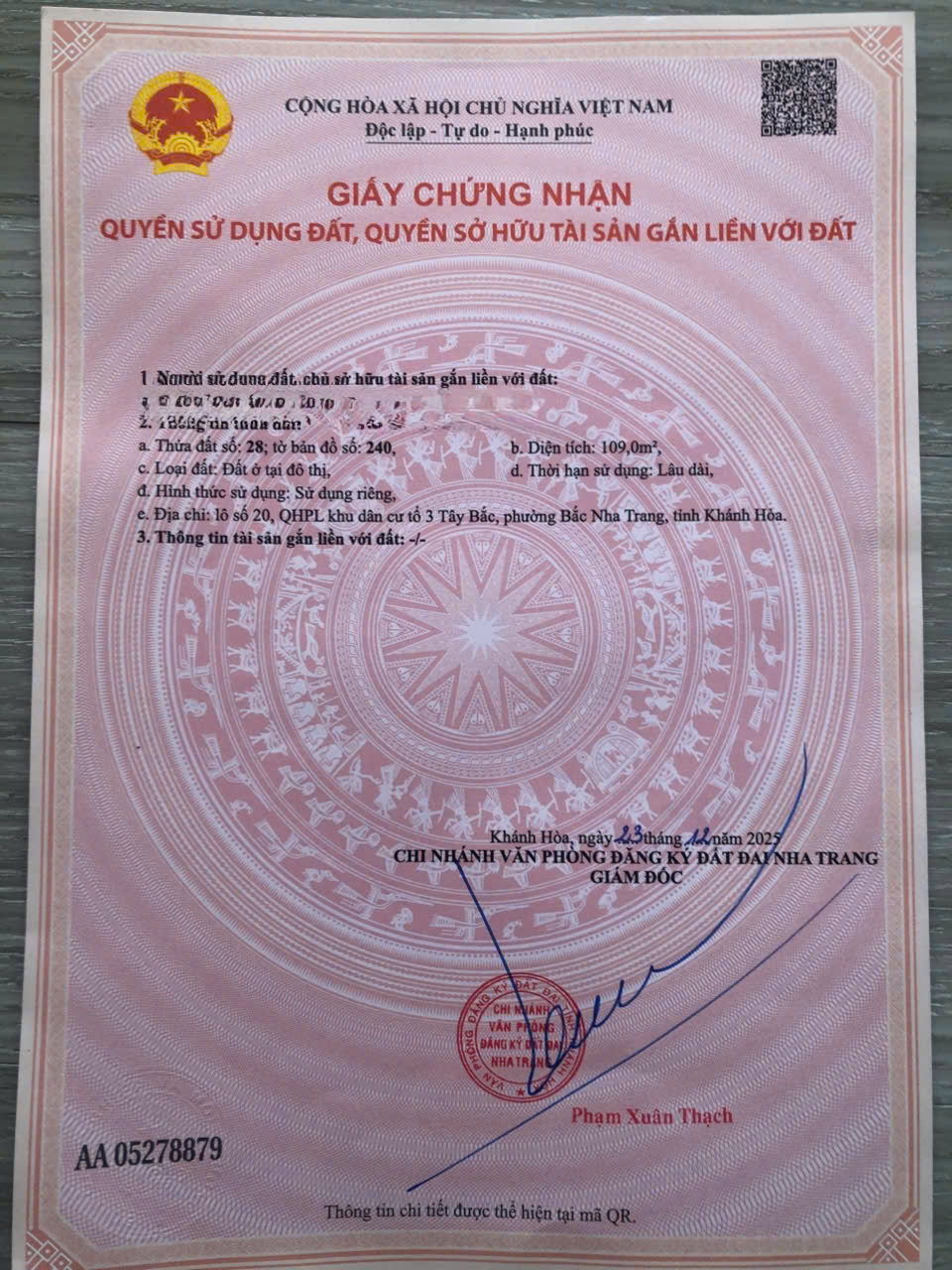 Giấy chứng nhận quyền sử dụng đất số AA 05278879 - thửa B027