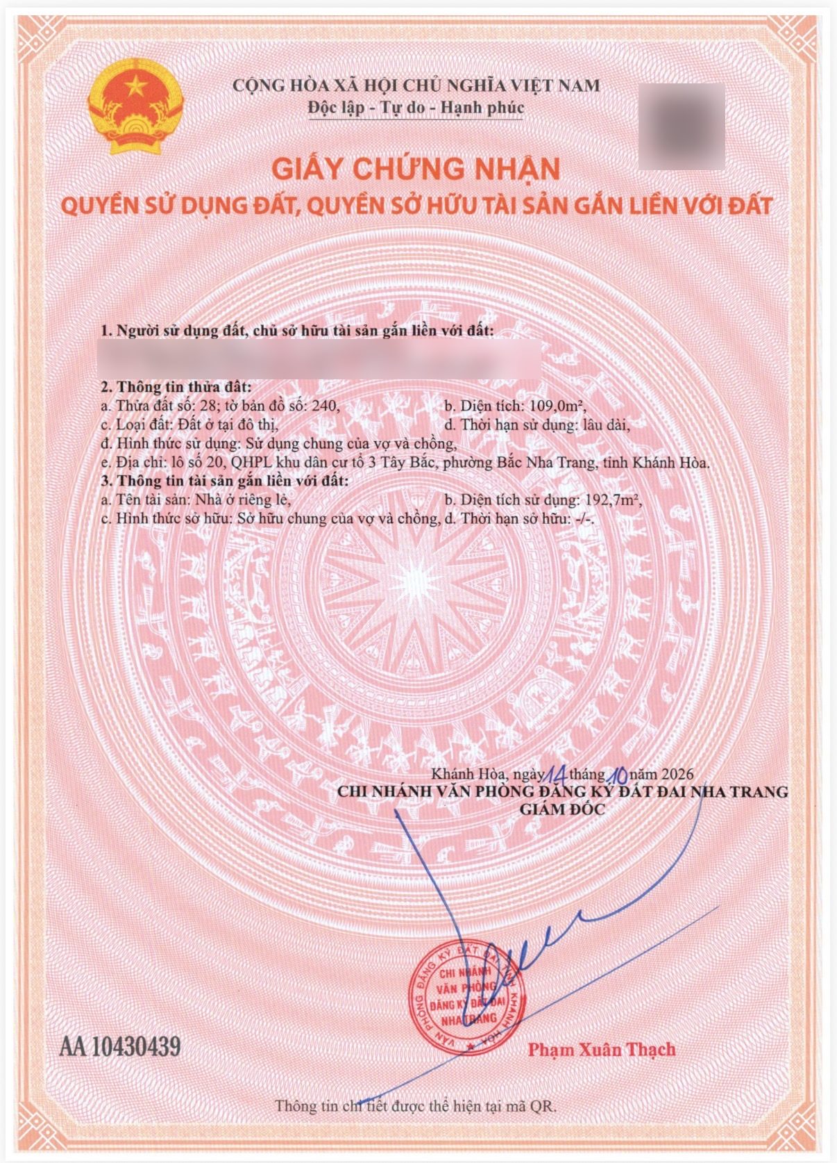 Giấy chứng nhận quyền sử dụng đất số AA 10430439 - thửa B027