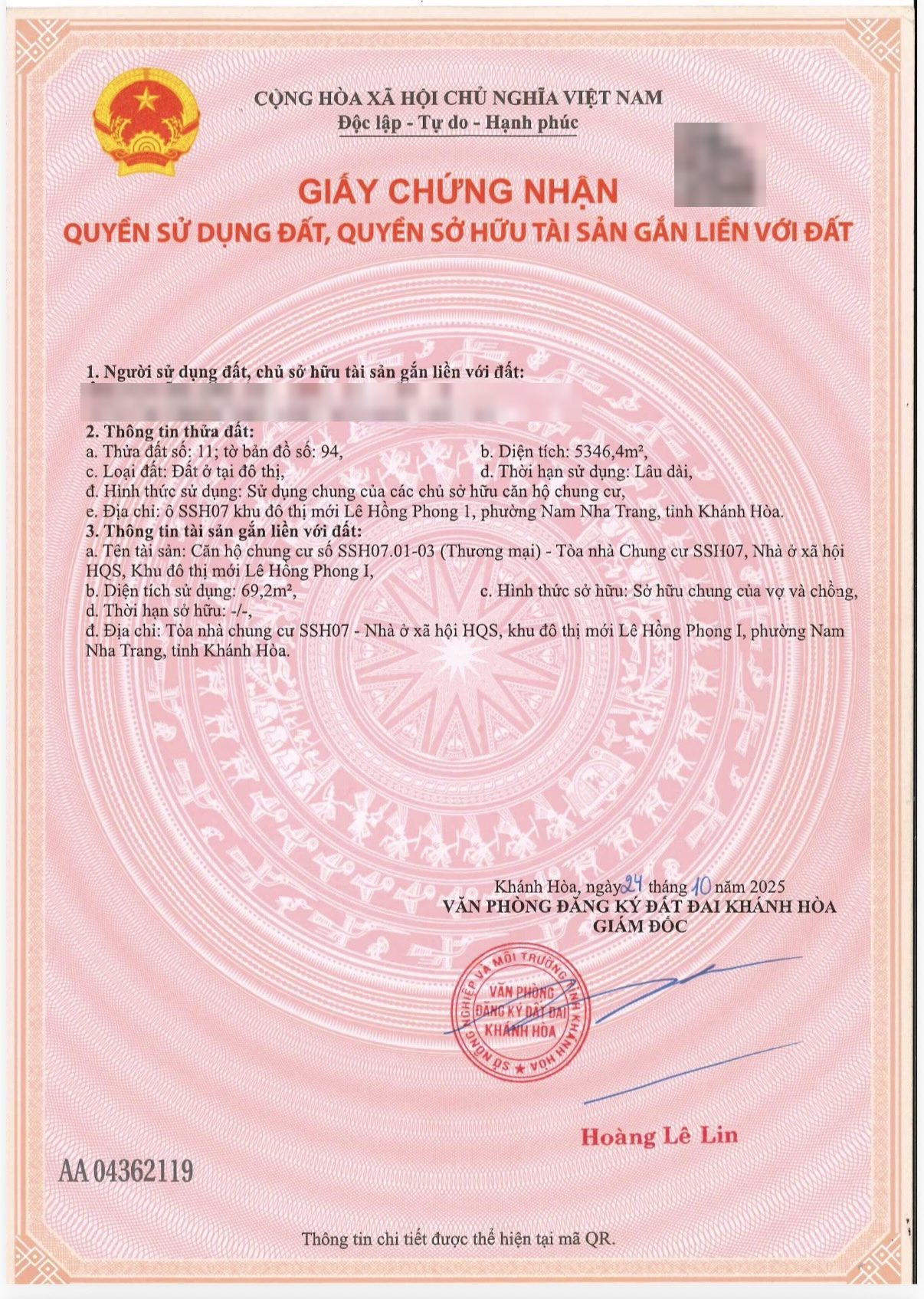 Giấy chứng nhận số AA 04362119 - căn hộ chung cư SSH07.01-03 (Thương mại)