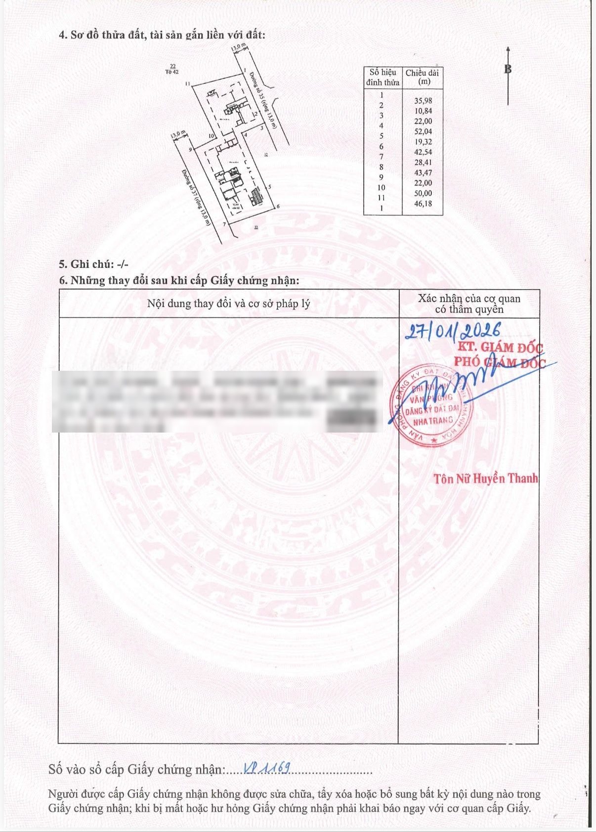 Sơ đồ thửa đất SSH07 và trang xác nhận thay đổi, số vào sổ VP 1169