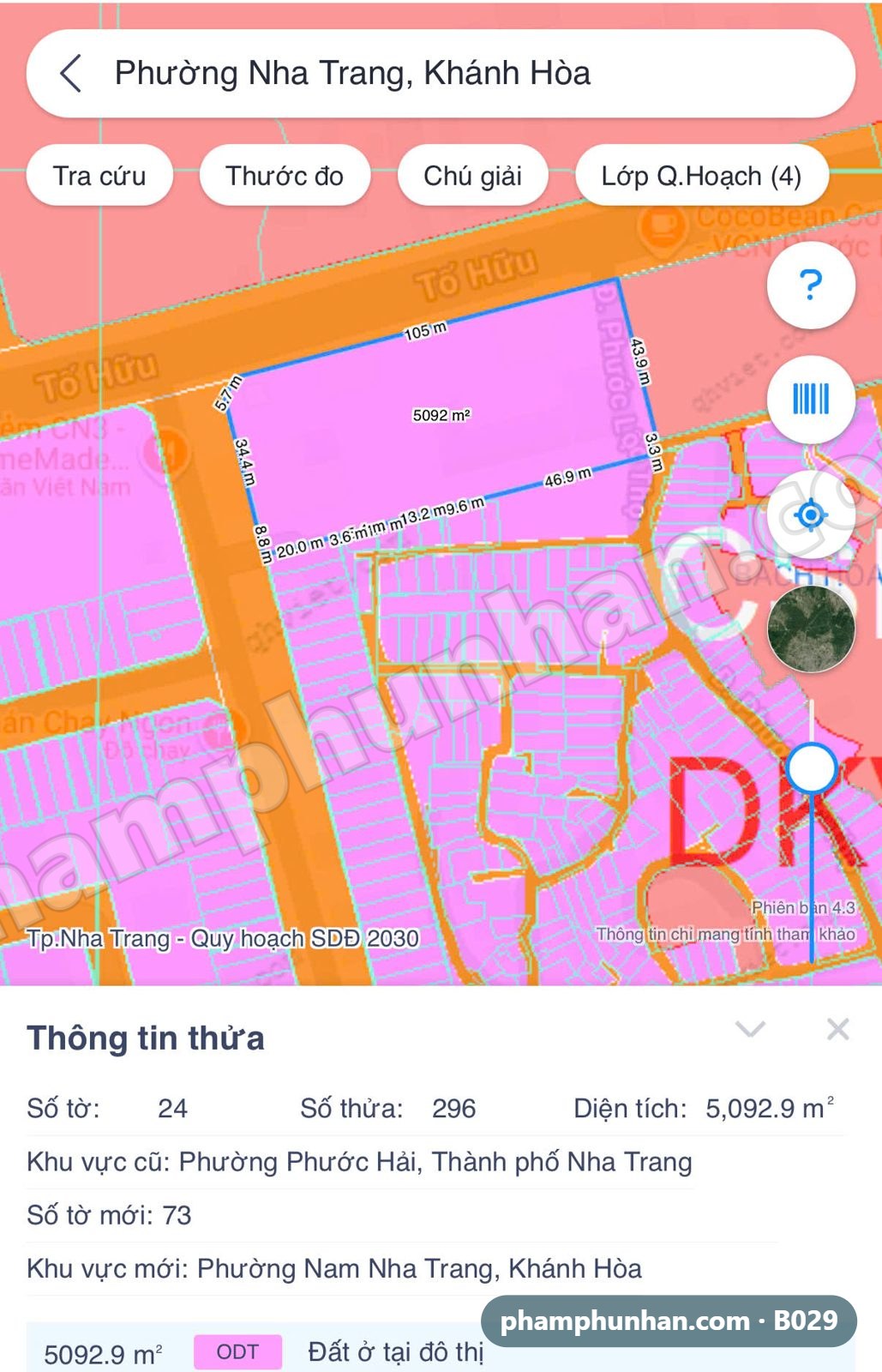Bản đồ quy hoạch sử dụng đất 2030 thửa 296 tờ 24, đất ở tại đô thị ODT 5.092,9 m²