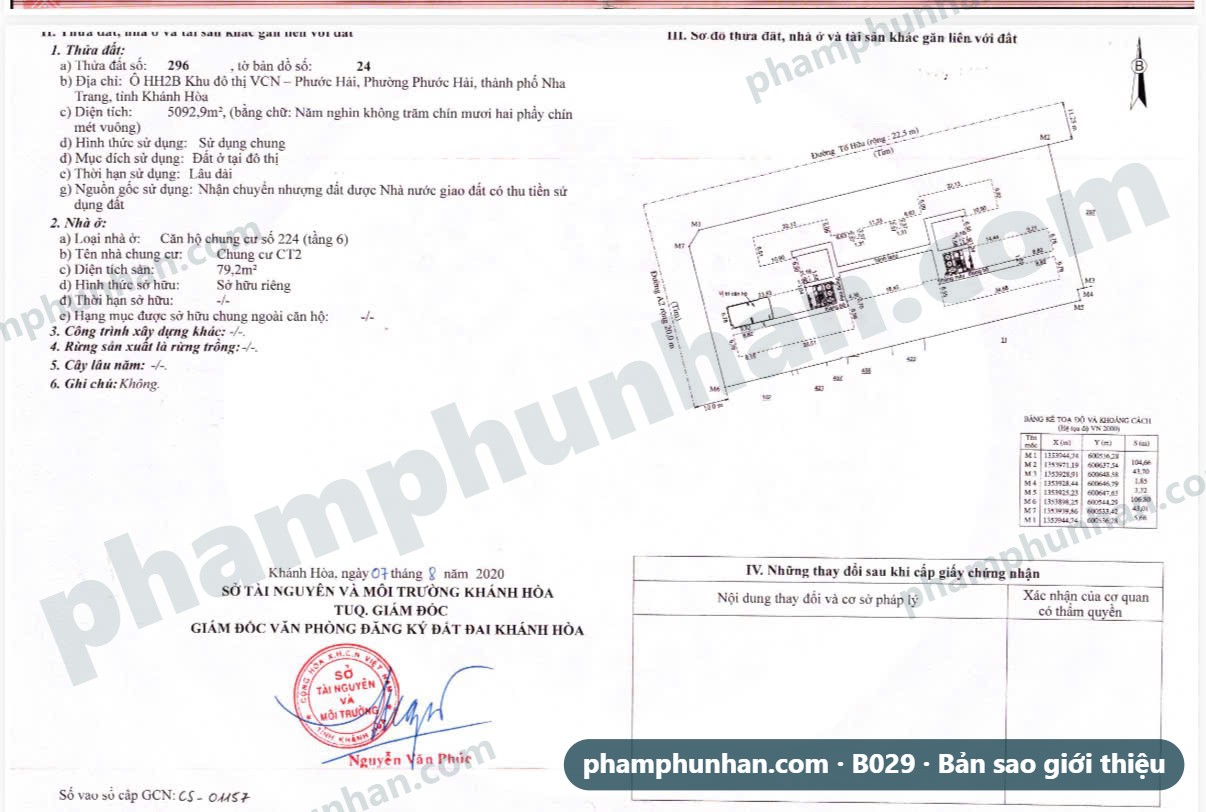Giấy chứng nhận căn hộ 224 tầng 6 Chung cư CT2: thửa 296, tờ bản đồ 24, diện tích sàn 79,2 m², sở hữu riêng