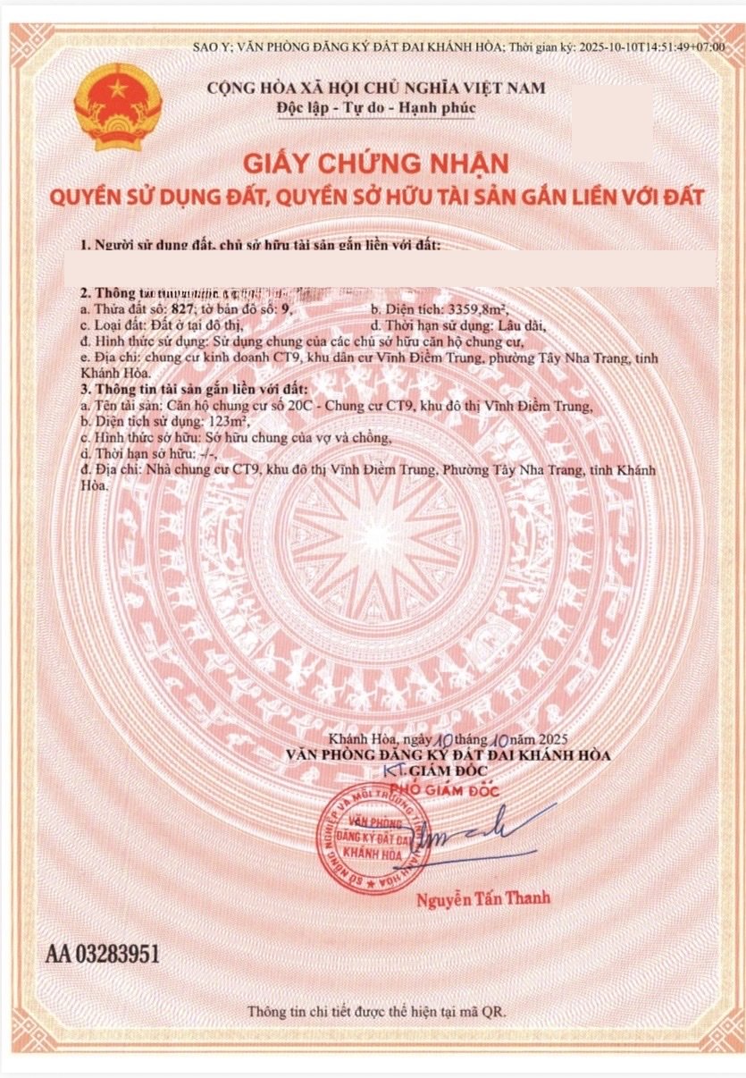 Giấy chứng nhận số AA 03283951 (đã che thông tin chủ sở hữu)