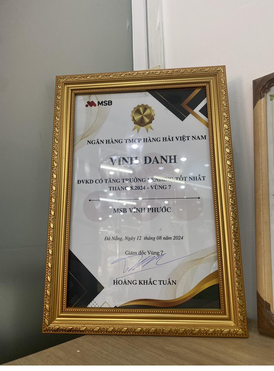 Bằng vinh danh MSB Vĩnh Phước